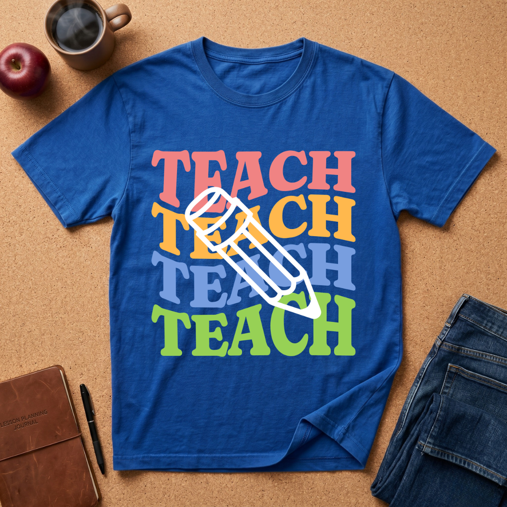 Teacher Pencil Tee — Colorful "TEACH" Graphic T-Shirt for Educators