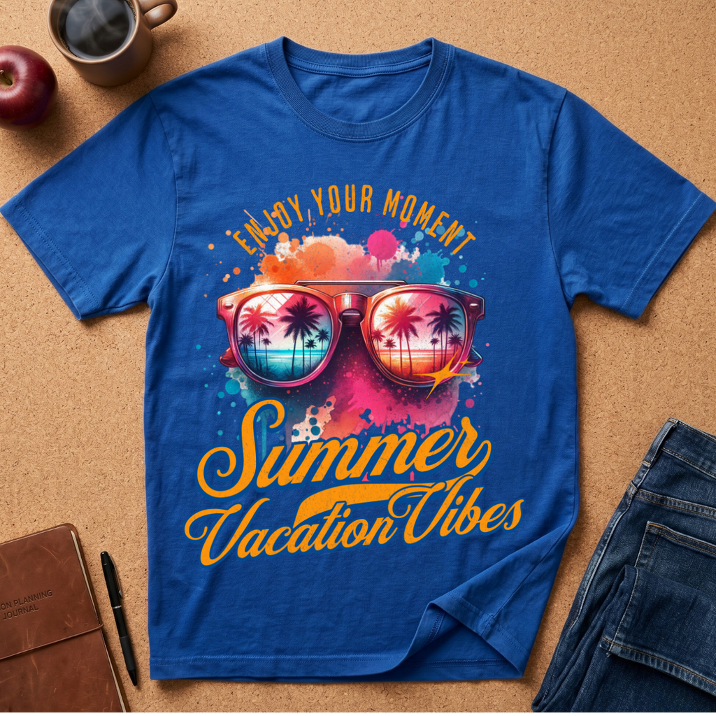 A royal blue short-sleeve T-shirt laid flat on a cork surface, featuring a colorful graphic of sunglasses with palm tree reflections and the text 'Enjoy Your Moment Summer Vacation Vibes.' A coffee mug, apple, notebook, pen, and jeans are placed around it as styling props.