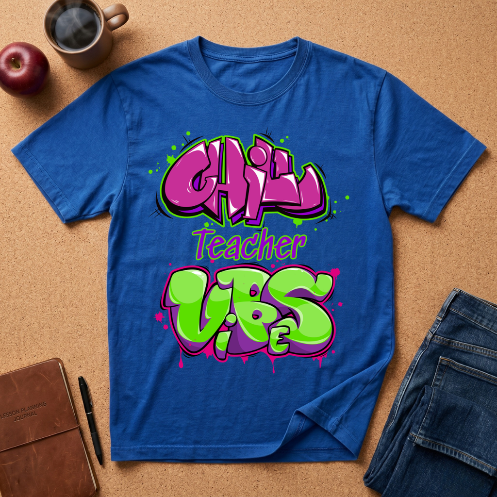 Blue t-shirt with colorful text design on a brown surface with a coffee cup, apple, and jeans. Says Chill teacher vibes.