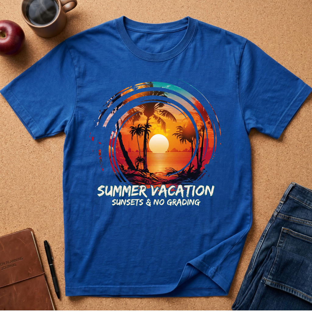 A blue short-sleeve graphic T-shirt laid flat on a cork surface, surrounded by lifestyle props including a coffee mug, apple, notebook, pen, and jeans. The shirt features a circular tropical sunset print with palm trees and the text 'SUMMER VACATION SUNSETS & NO GRADING'.