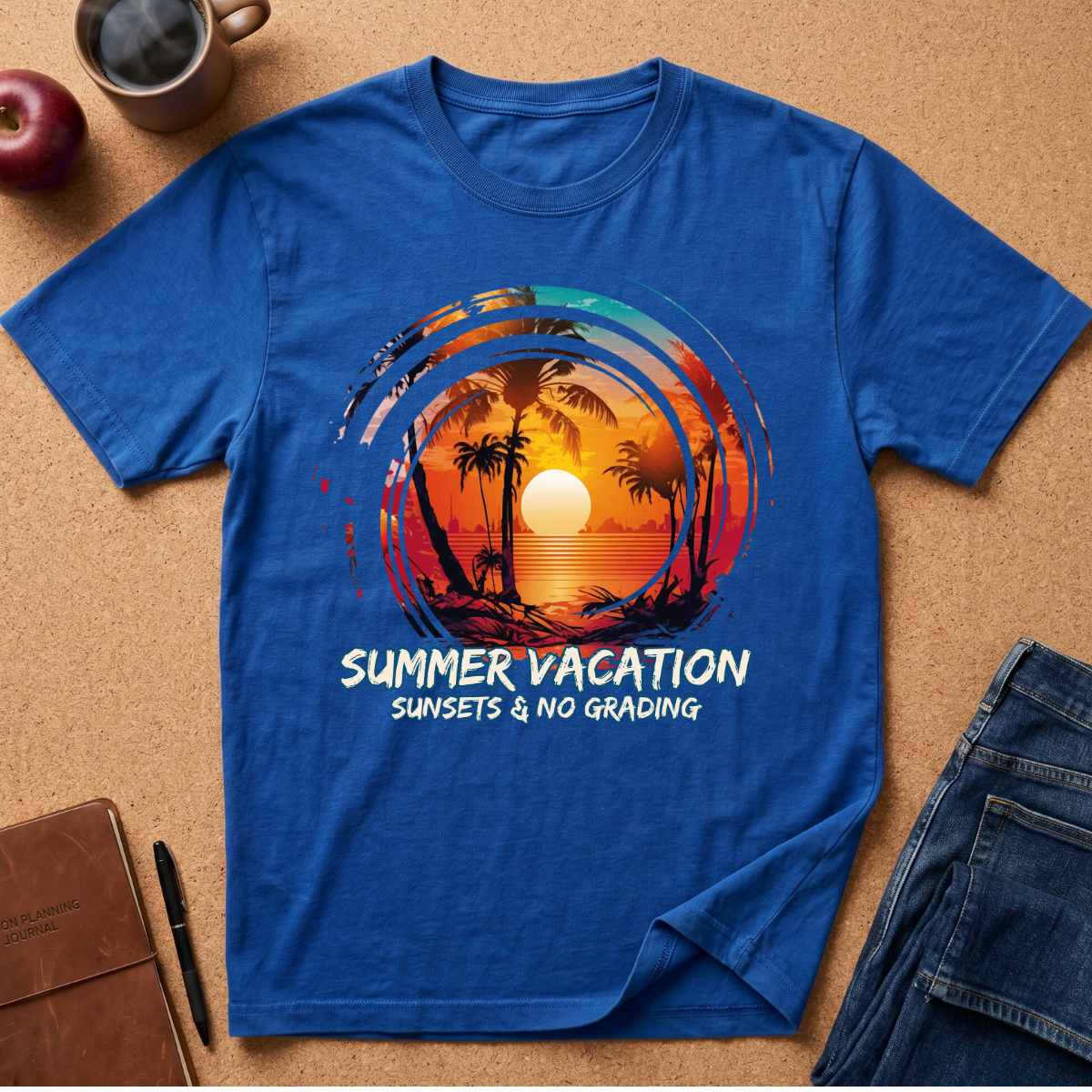 A blue short-sleeve graphic T-shirt laid flat on a cork surface, surrounded by lifestyle props including a coffee mug, apple, notebook, pen, and jeans. The shirt features a circular tropical sunset print with palm trees and the text 'SUMMER VACATION SUNSETS & NO GRADING'.