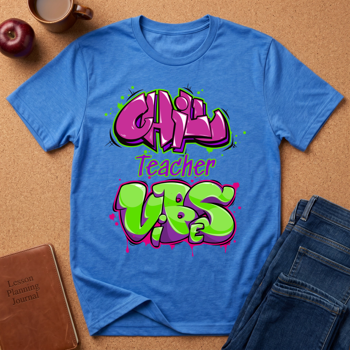 Blue t-shirt with colorful text 'Chill Teacher Vibes' on a brown surface with an apple, mug, and jeans.