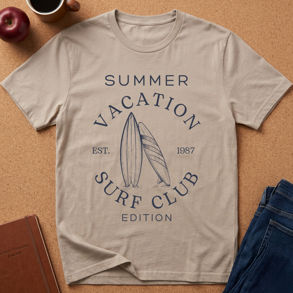 A beige graphic t-shirt laid flat on a cork background, featuring a navy blue retro design that reads 'SUMMER VACATION SURF CLUB EDITION' with two surfboards and 'EST. 1987'.