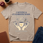 Beige t-shirt with 'Caffeine & Classroom Magic' graphic on a brown surface with a coffee cup and apple.