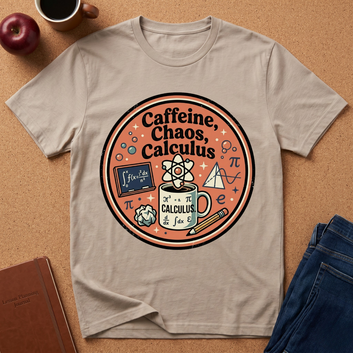 Beige t-shirt with 'Caffeine, Chaos, Calculus' graphic design on a brown surface with an apple and coffee cup.