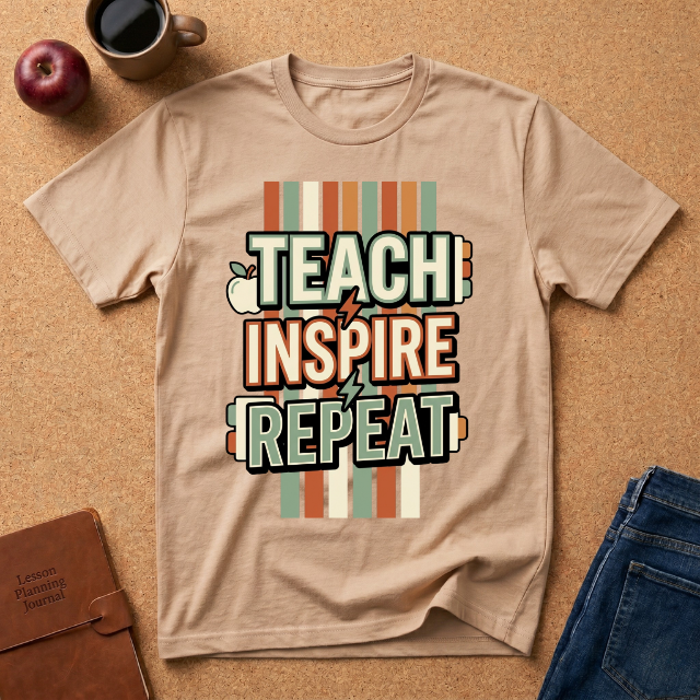 Teach Inspire Repeat T-Shirt — Retro Teacher Appreciation Tee