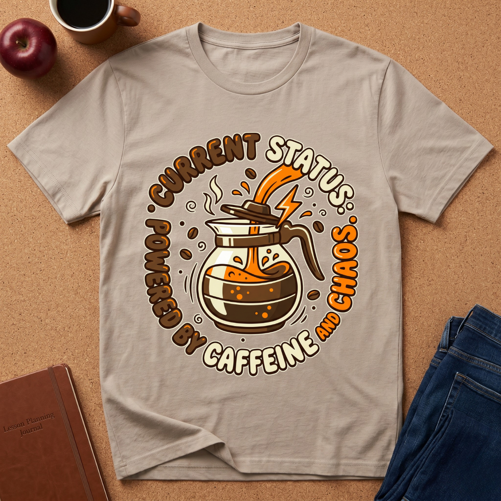 Sand colored graphic t-shirt says "Current Status, Powered by Caffeine and Chaos" with coffee-themed graphic and text on a brown surface with coffee and jeans.