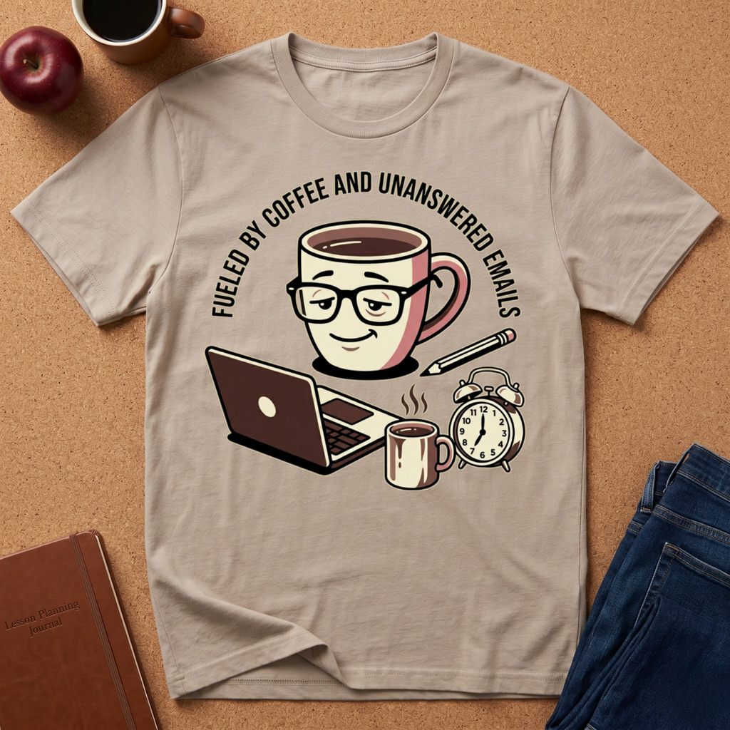 Beige Graphic t-shirt says 'Fueled by coffee an unanswered emails', with coffee-themed graphic design on a brown surface with a notebook and apple. 