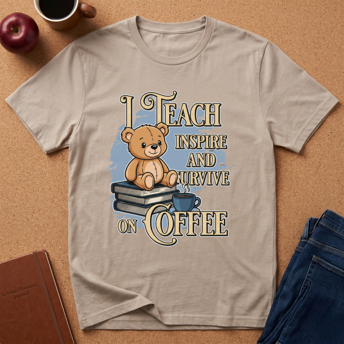 A beige graphic t-shirt laid flat on a cork background, featuring a cartoon teddy bear sitting on books with the text 'I TEACH INSPIRE AND SURVIVE ON COFFEE'. Props like an apple, coffee cup, notebook, and jeans are visible around the shirt.