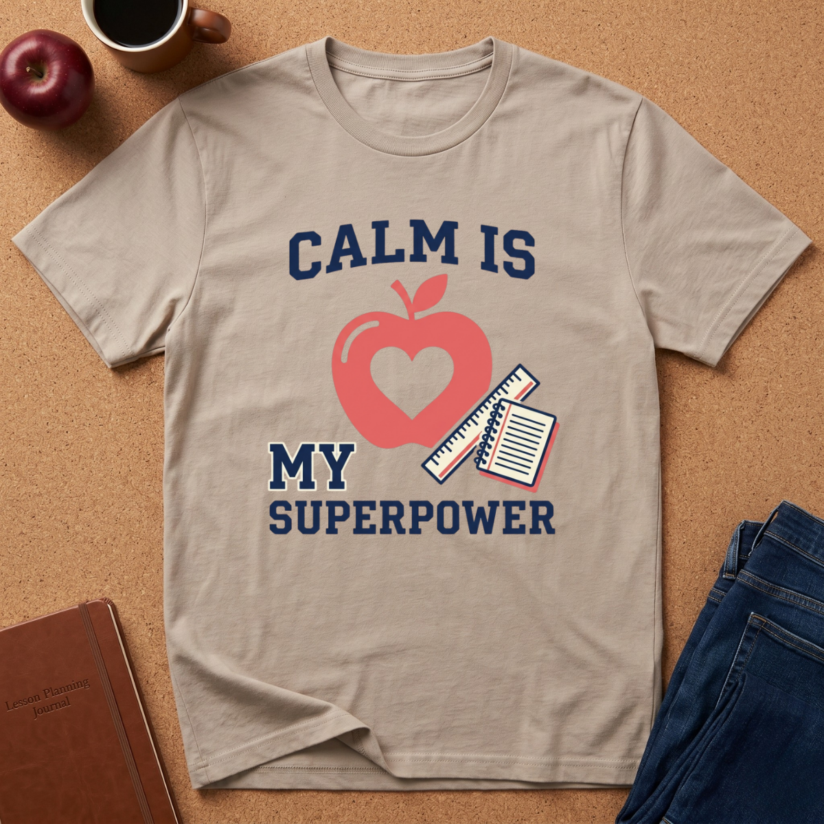 Beige t-shirt with 'Calm is my superpower' design featuring an apple and notebook on a brown surface.