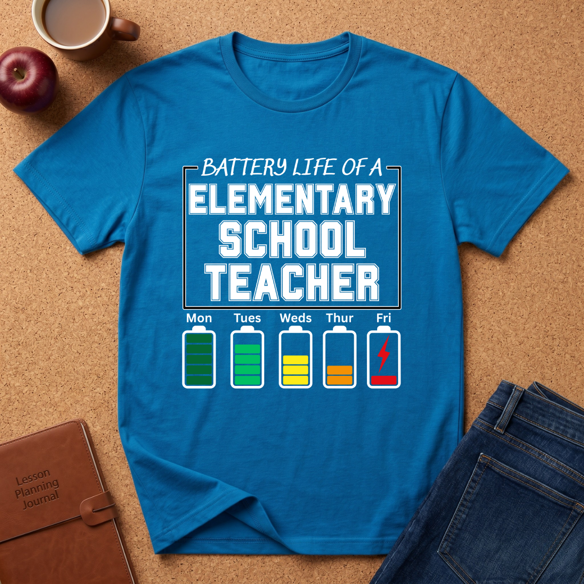 Blue t-shirt with 'Battery Life of a Elementary School Teacher' graphic on a brown surface with a coffee cup, apple, and jeans.