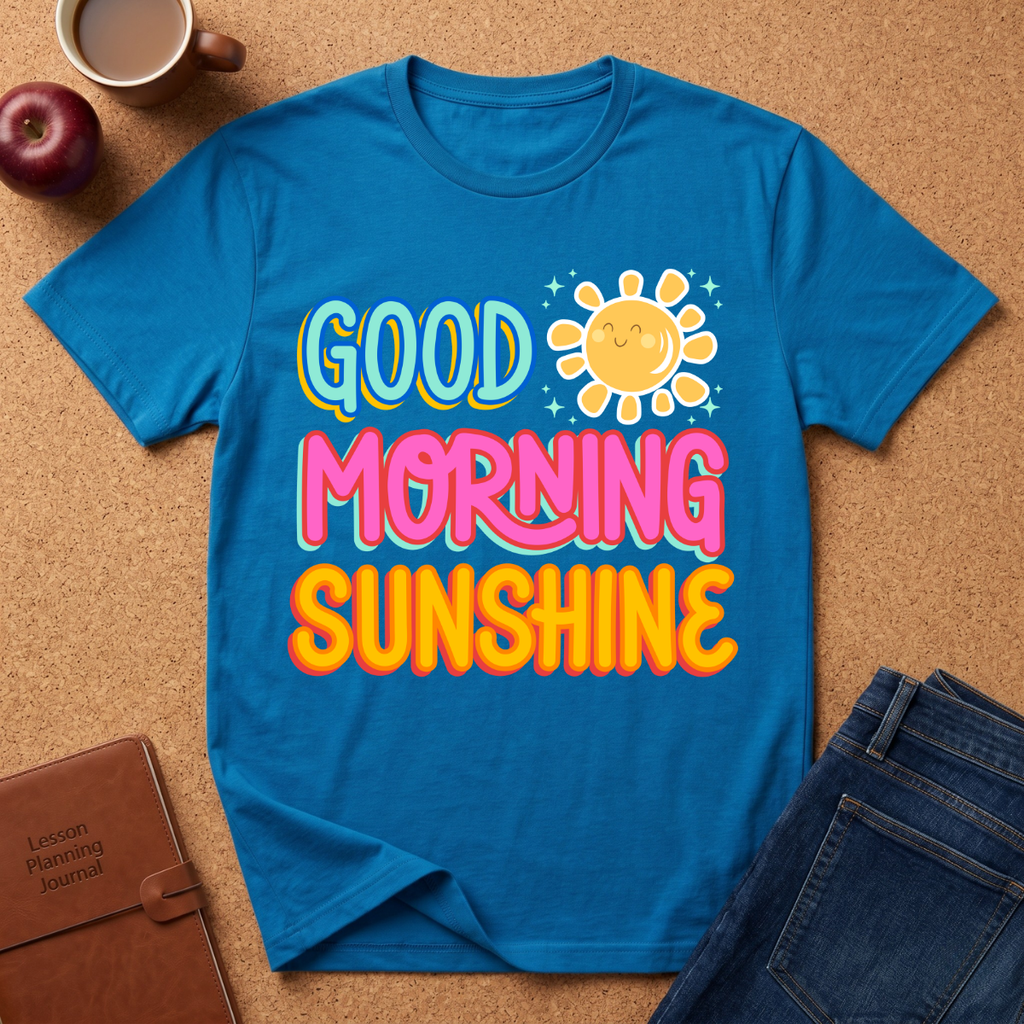 Blue t-shirt with 'Good Morning Sunshine' text and sun graphic on a brown surface with accessories.