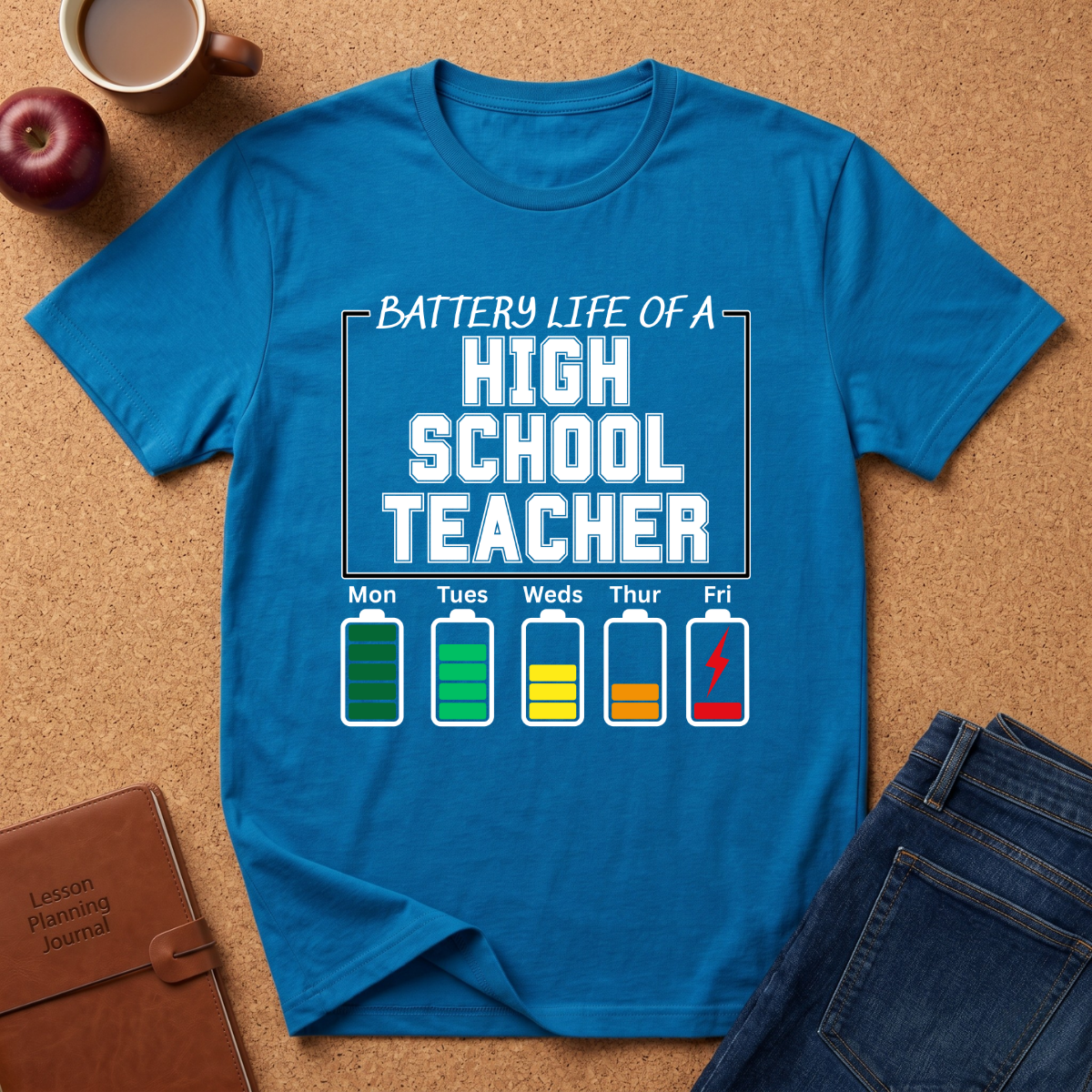 Blue t-shirt with 'Battery Life of a High School Teacher' graphic on a brown surface with a coffee cup, apple, and jeans.