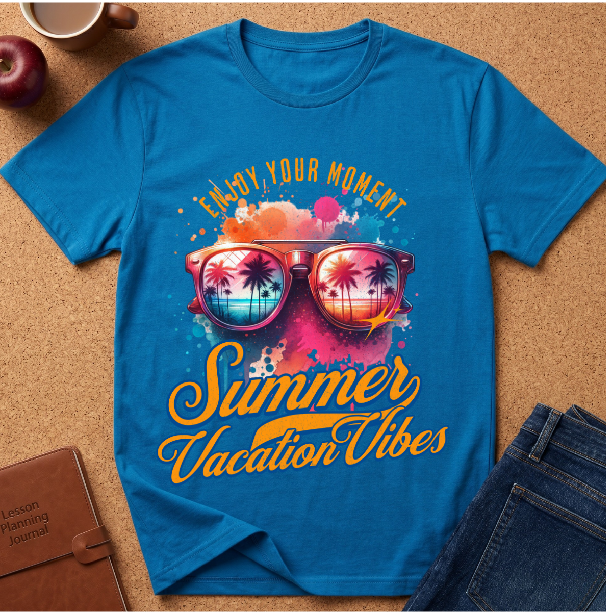 A bright blue graphic T-shirt laid flat on a cork surface, surrounded by a coffee cup, apple, notebook, and jeans. The shirt features a colorful retro design with sunglasses reflecting a tropical beach scene and the text 'Enjoy Your Moment Summer Vacation Vibes'.