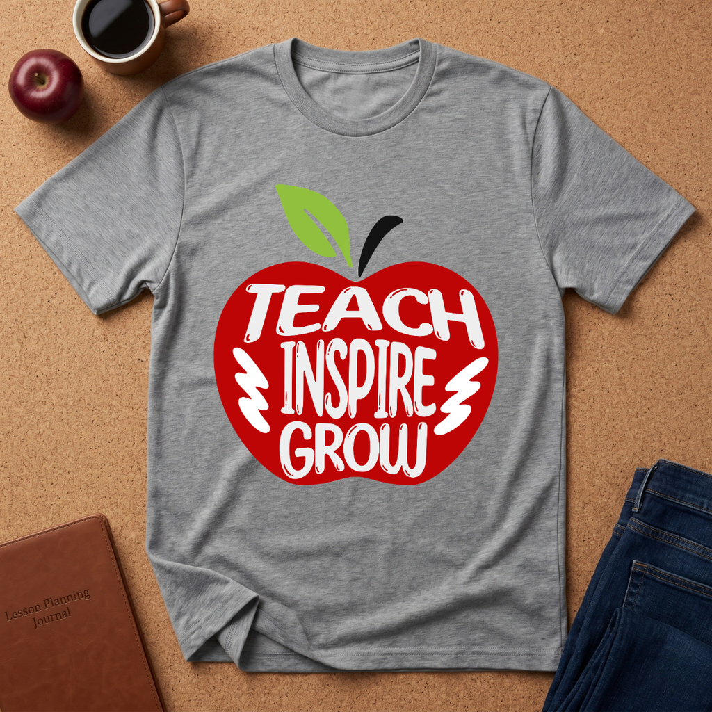 A heather gray short-sleeve t-shirt laid flat on a cork background, featuring a large red apple graphic with the words 'TEACH INSPIRE GROW' in white and a green leaf on the stem. A coffee mug, apple, notebook, and jeans are styled around it as props.