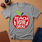 A heather gray short-sleeve t-shirt laid flat on a cork background, featuring a large red apple graphic with the words 'TEACH INSPIRE GROW' in white and a green leaf on the stem. A coffee mug, apple, notebook, and jeans are styled around it as props.