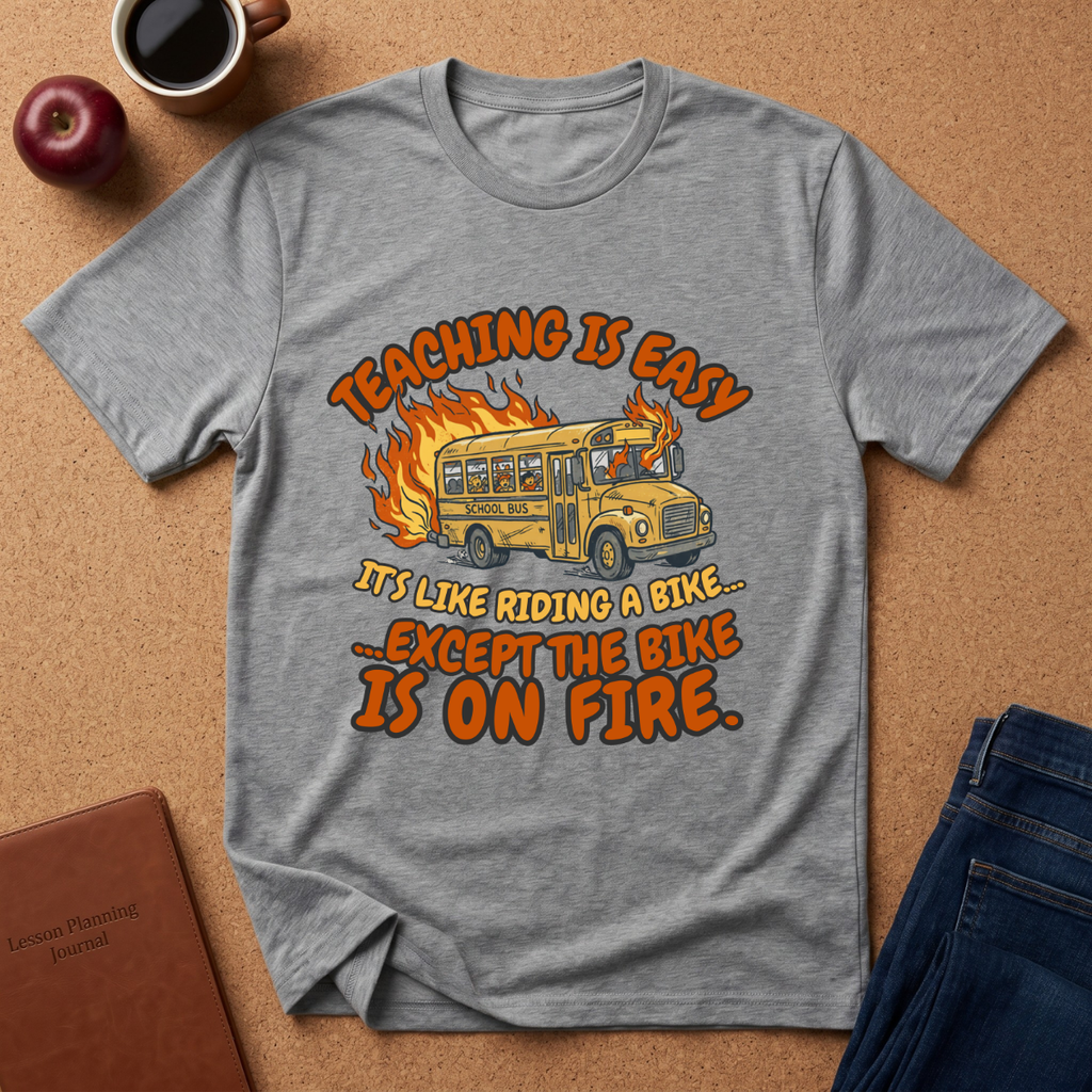 Gray t-shirt with a graphic of a school bus on fire and text, placed on a brown surface with an apple and coffee cup. Teaching is easy It's like riding a bike.. except the Bike is on fire.