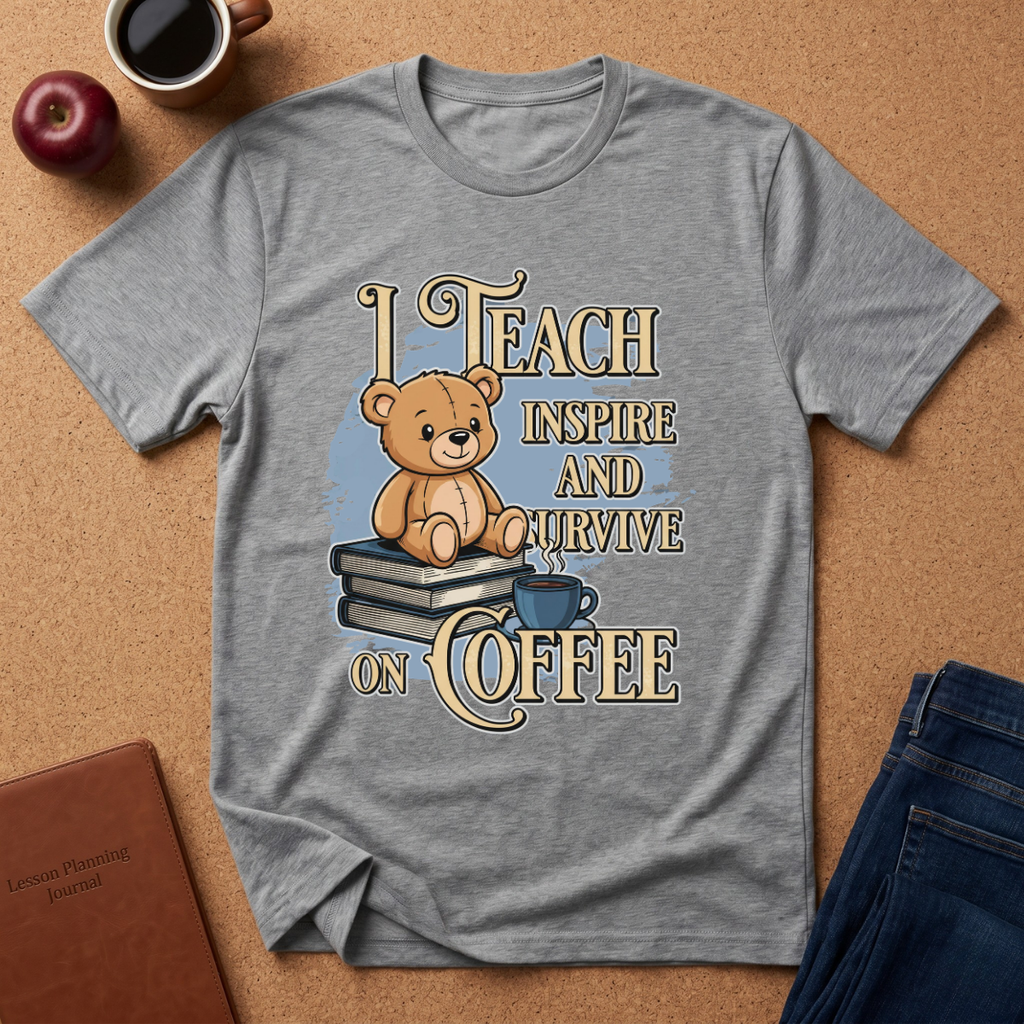 A heather gray graphic t-shirt laid flat on a cork background, featuring a design of a teddy bear sitting on books with the text 'I TEACH INSPIRE AND SURVIVE ON COFFEE'. The shirt is styled with a coffee mug, an apple, a notebook, and jeans.