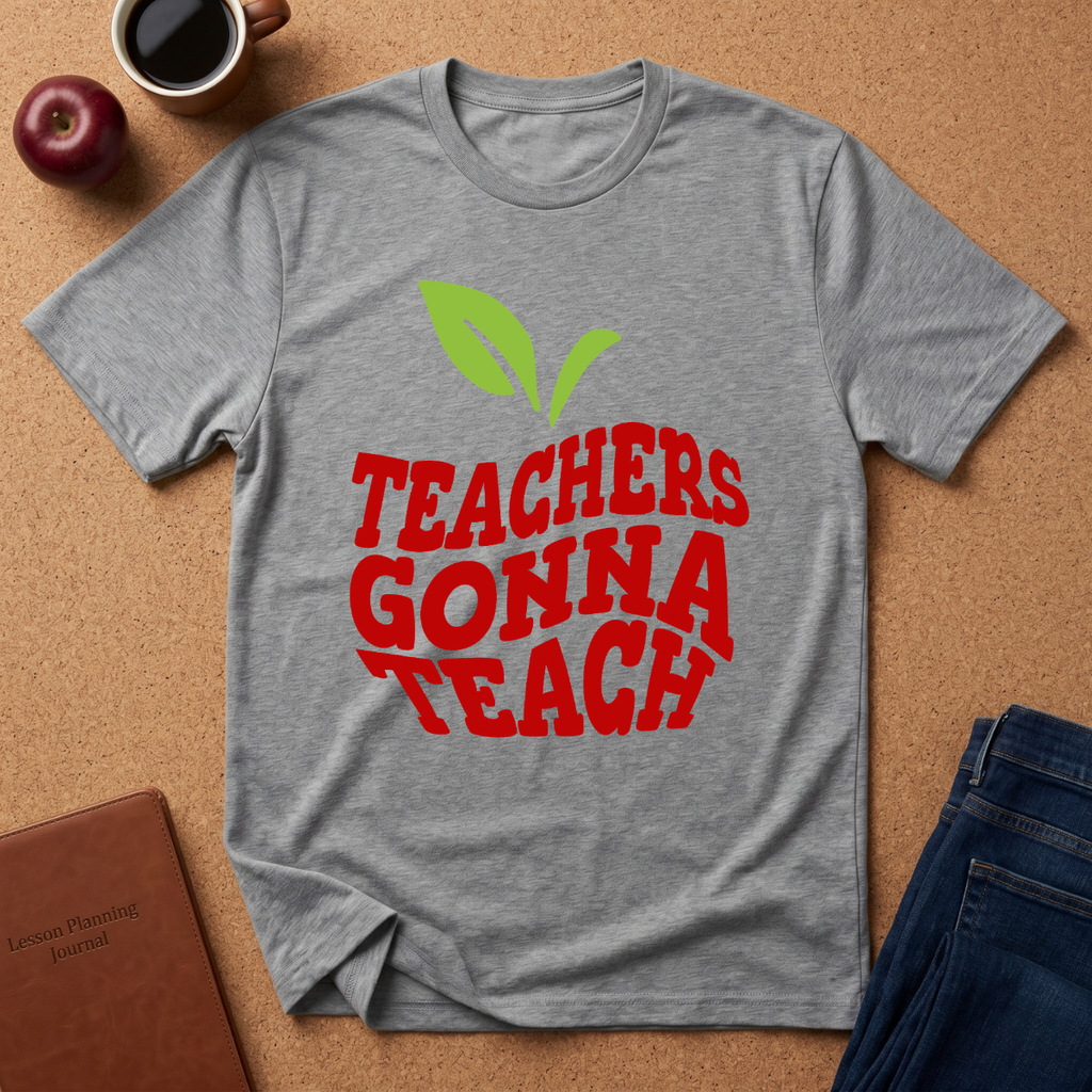 A heather gray short-sleeve t-shirt with a graphic of a green apple and the text 'TEACHERS GONNA TEACH' in red, laid flat on a cork background with a coffee cup, apple, and jeans nearby.