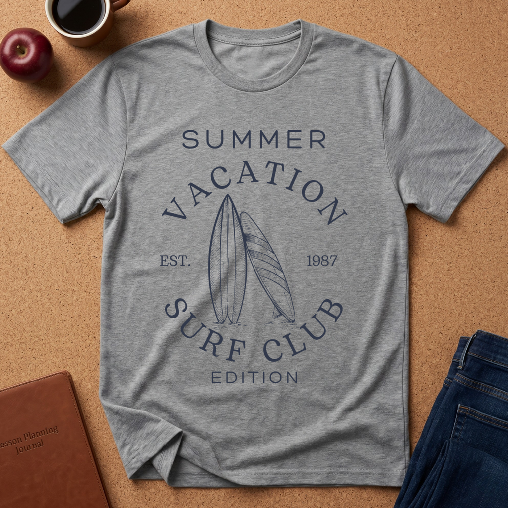 A heather gray short-sleeve t-shirt with a navy blue graphic reading 'SUMMER VACATION SURF CLUB EDITION' and featuring two surfboards, laid flat on a cork background with lifestyle props including an apple, coffee cup, notebook, and jeans.