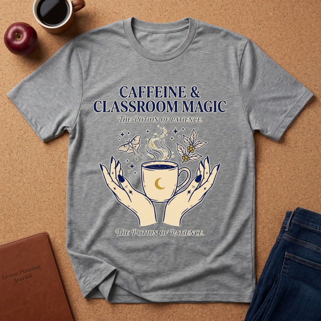 Gray t-shirt with 'Caffeine & Classroom Magic' design on a brown surface with coffee and books.