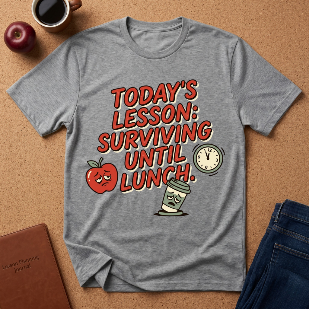 “Today’s Lesson: Surviving Until Lunch” Teacher T-Shirt — Cute School Humor Tee