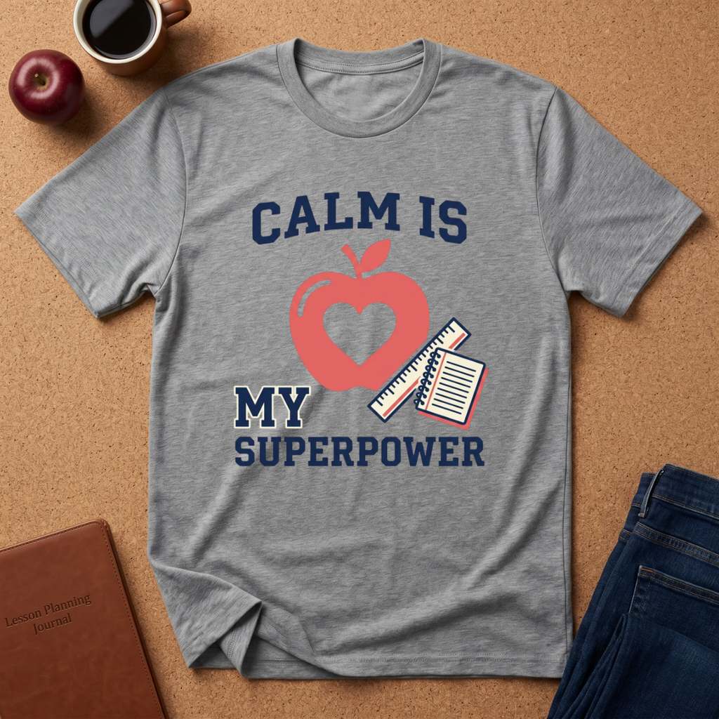 Gray t-shirt with 'Calm is my superpower' design on a brown surface with an apple, coffee, and notebook.