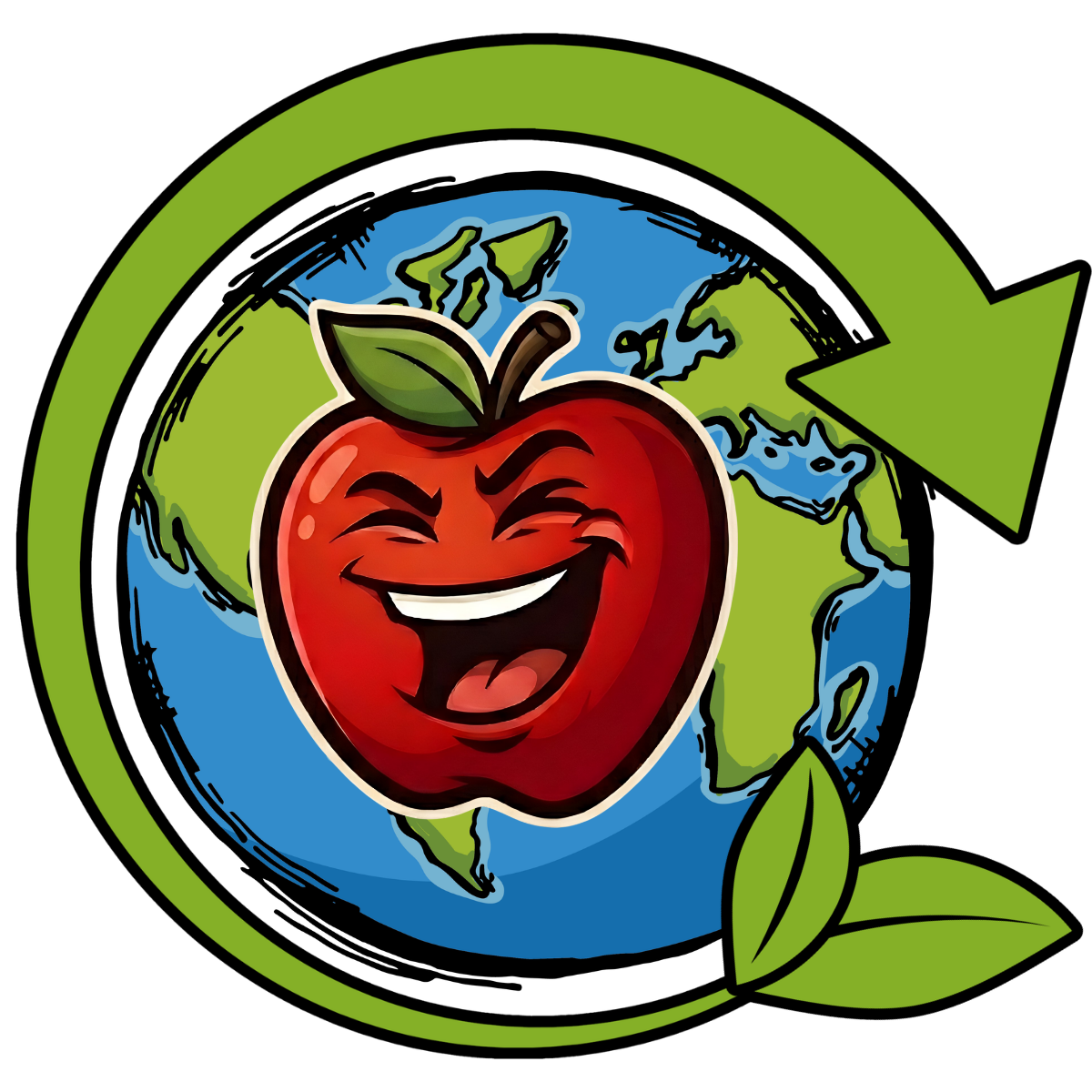 Sustainable Materials Icon, A round earth with a recycling arrow around it and a laughing apple in the middle.