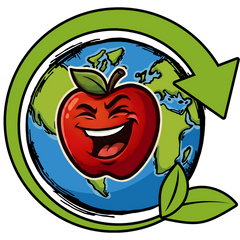 Sustainable Materials Icon, A round earth with a recycling arrow around it and a laughing apple in the middle.