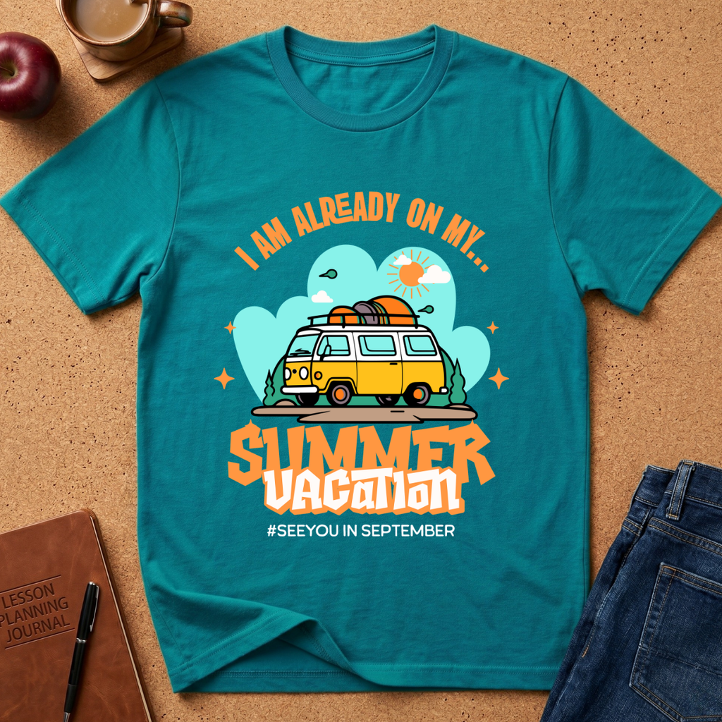 A teal  graphic t-shirt laid flat on a cork surface, surrounded by lifestyle props including a brown leather journal, an apple, a coffee cup, and folded blue jeans. The t-shirt features a retro-style graphic of a yellow and white van with a surfboard on its roof, set against a light blue cloud background with the text 'I AM ALREADY ON MY sUMMER VACATION. #SEEYOUINSEPTEMBER