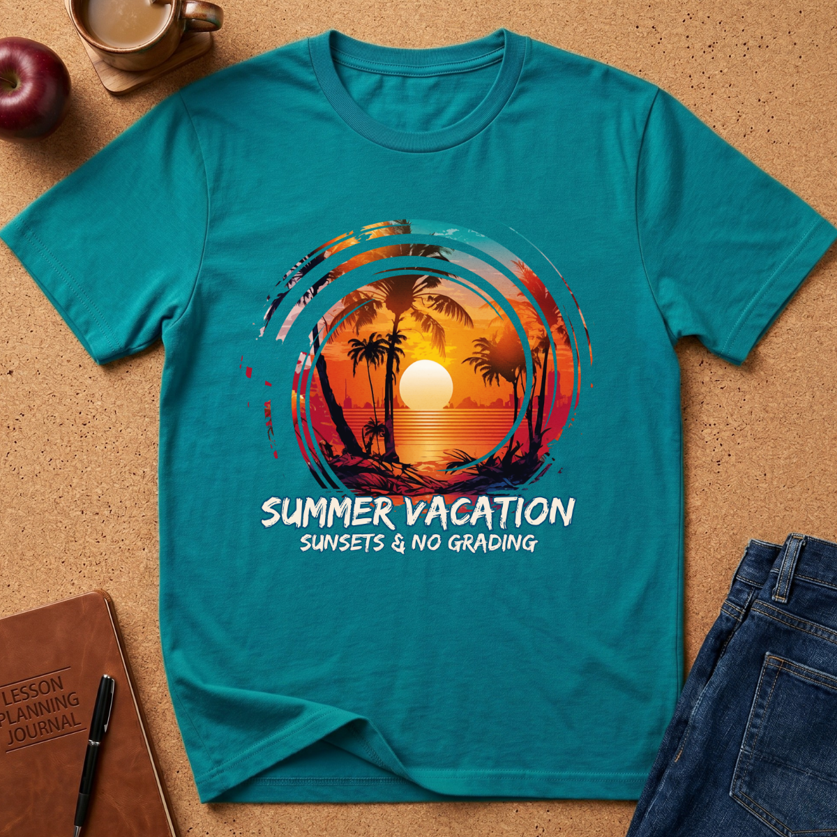 A teal short-sleeve graphic T-shirt laid flat on a cork surface, surrounded by styled props including a notebook, pen, apple, coffee cup, and folded jeans. The shirt features a circular tropical sunset print with palm trees and the text 'SUMMER VACATION SUNSETS & NO GRADING.