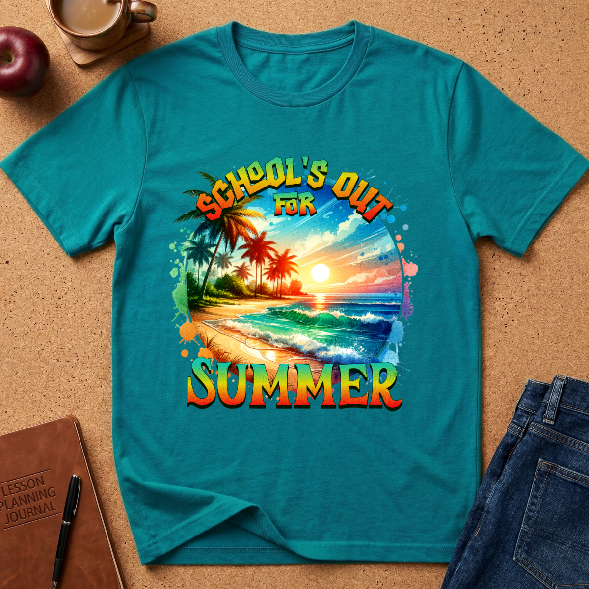 A teal short-sleeve graphic T-shirt laid flat on a cork surface, surrounded by styled props including a coffee cup, apple, notebook, and jeans. The shirt features a colorful tropical beach scene with palm trees and large text reading 'SCHOOL'S OUT FOR SUMMER'.