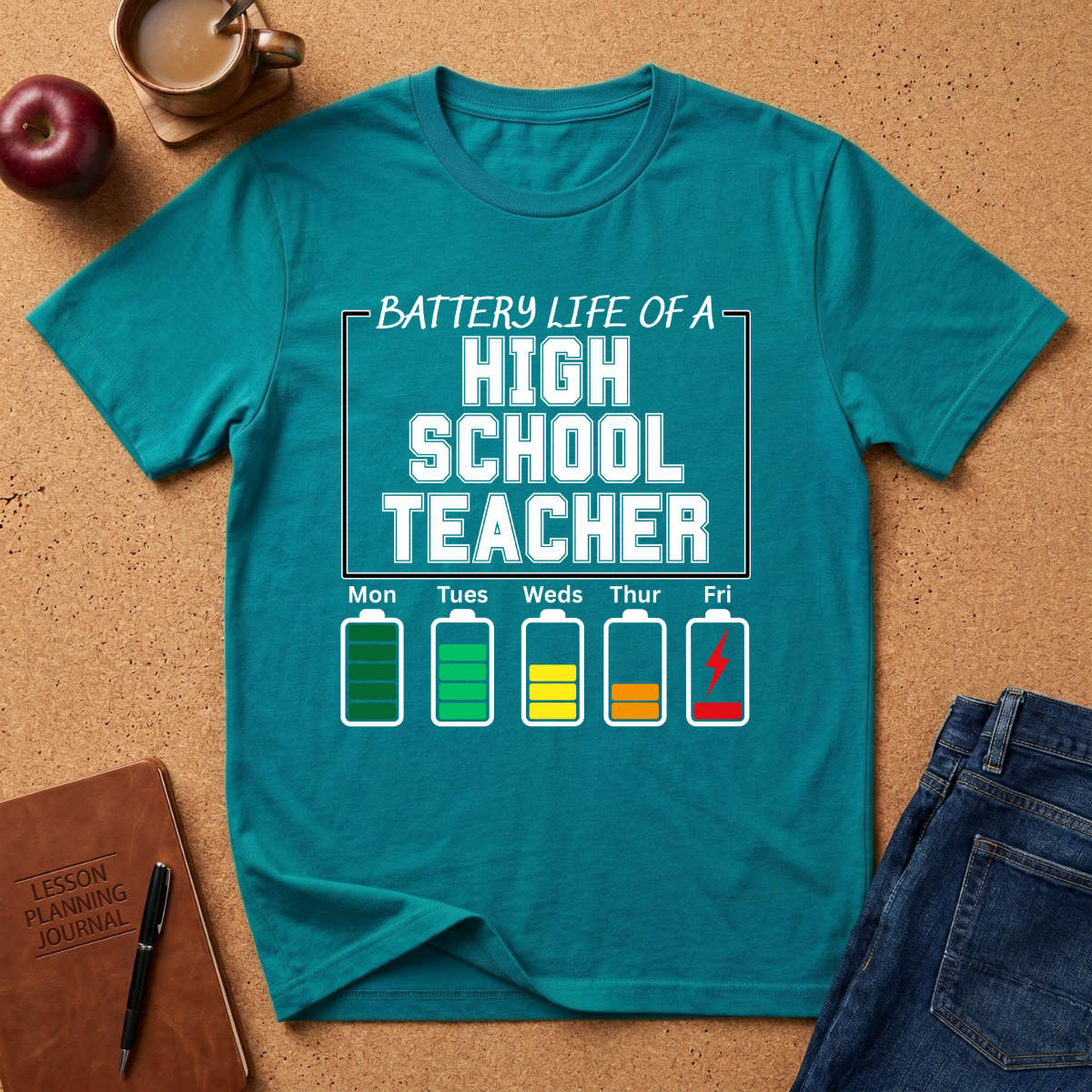 Teal t-shirt with 'Battery Life of a High School Teacher' graphic on a cork background with accessories.