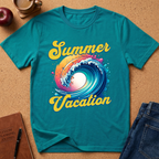A teal short-sleeve graphic T-shirt laid flat on a cork-like surface, with the words 'Summer Vacation' in yellow script over a colorful ocean wave illustration. A brown journal, pen, apple, and folded blue jeans are placed around it as styling props.