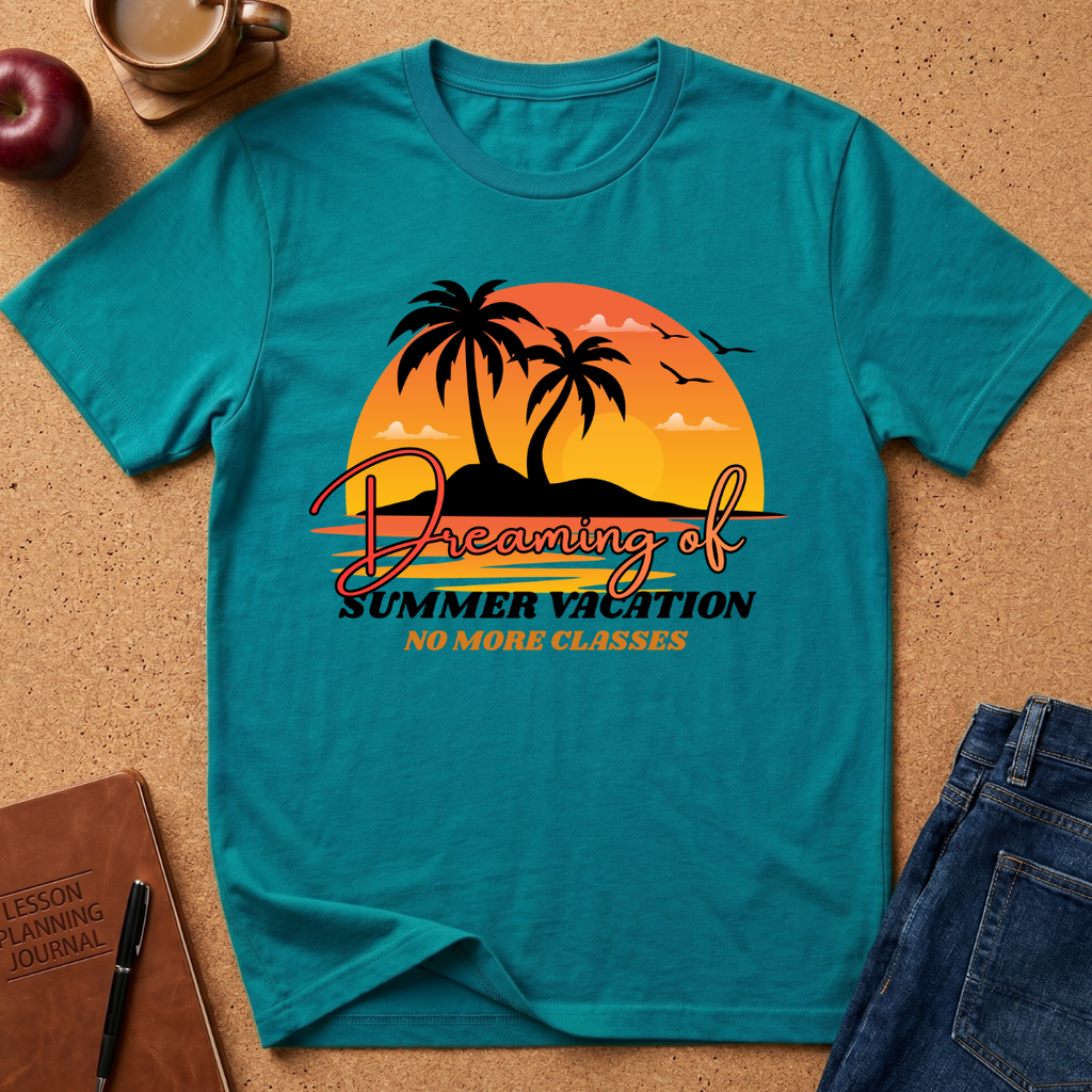 A teal short-sleeve graphic T-shirt laid flat on a cork-like surface, featuring a retro sunset beach scene with palm trees, birds, and the text 'Dreaming of Summer Vacation No More Classes.' Surrounding props include an apple, a coffee cup, a notebook, and blue jeans.