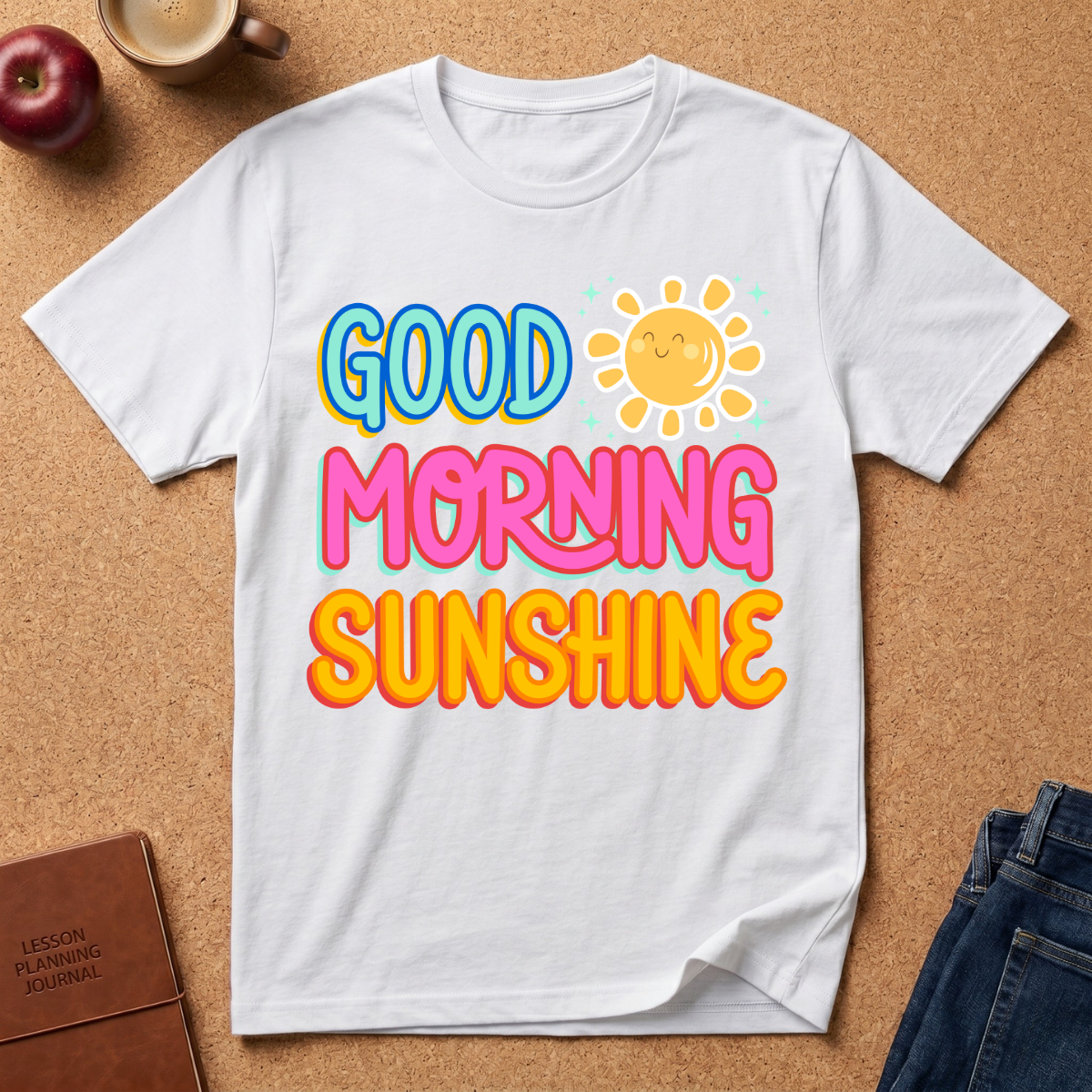 White t-shirt with 'Good Morning Sunshine' text on a brown surface with an apple, coffee cup, and jeans.