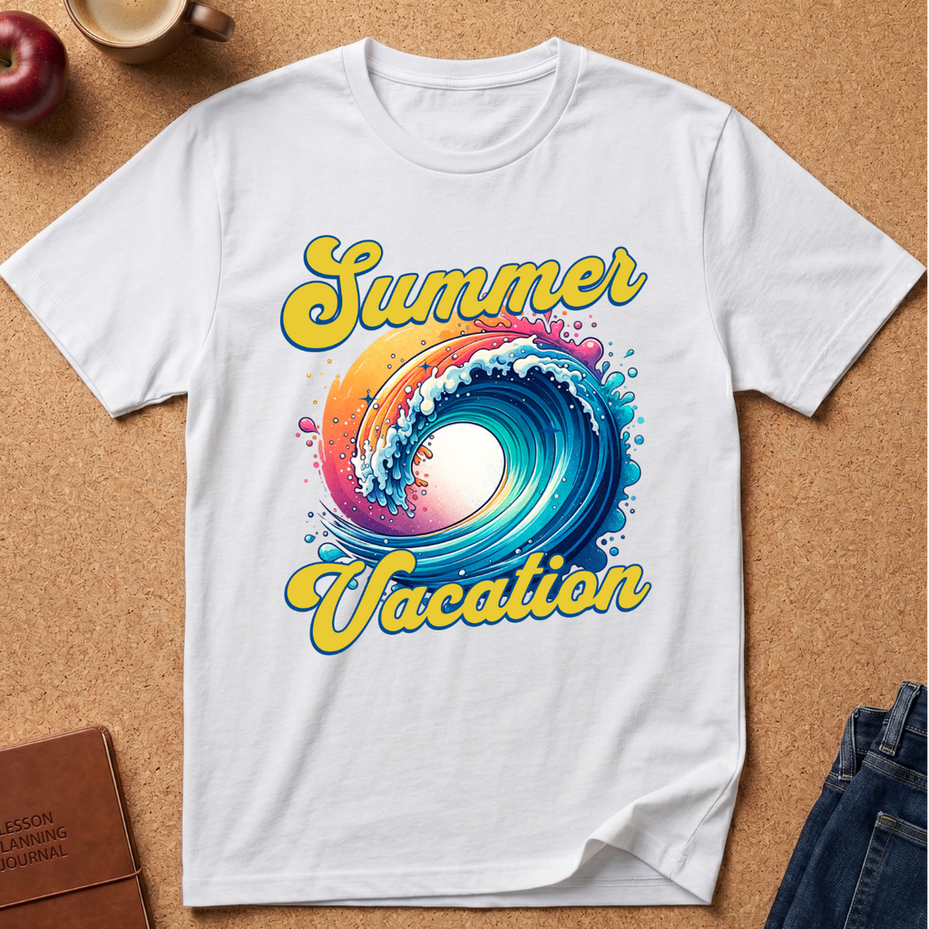 A white short-sleeve T-shirt laid flat on a cork-like surface, featuring a colorful retro-style wave graphic with the words 'Summer Vacation' in yellow script. The shirt is styled with partial props around it, including an apple, a mug, a notebook, and folded jeans.