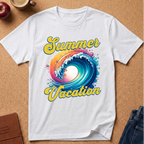 A white short-sleeve T-shirt laid flat on a cork-like surface, featuring a colorful retro-style wave graphic with the words 'Summer Vacation' in yellow script. The shirt is styled with partial props around it, including an apple, a mug, a notebook, and folded jeans.