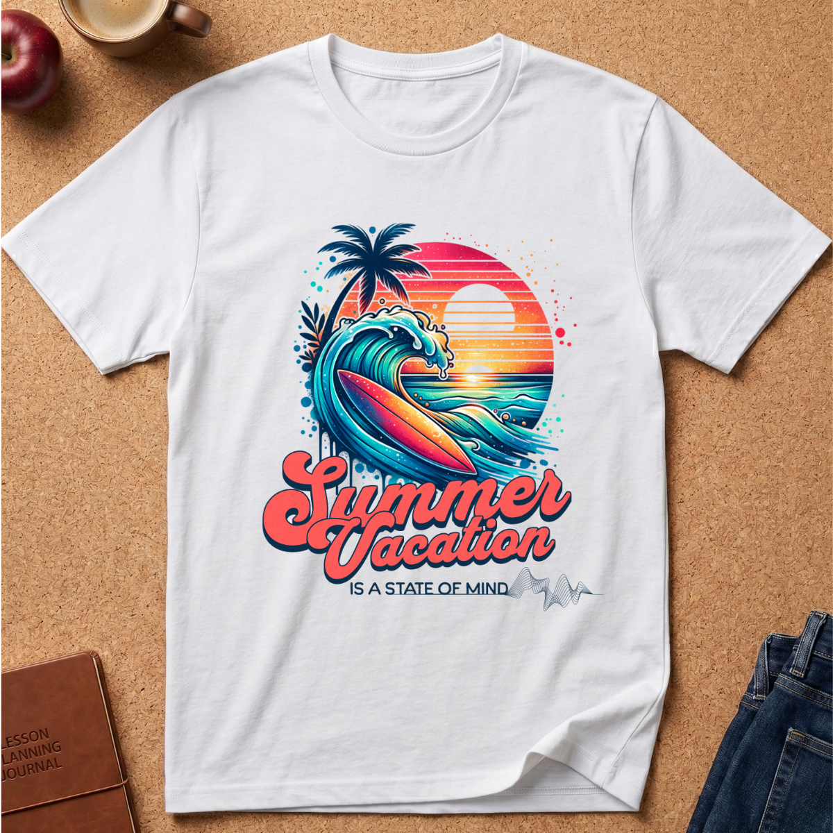 A white short-sleeve T-shirt laid flat on a cork surface, featuring a colorful retro-style summer vacation graphic with a wave, palm tree, sunset, and the text 'Summer Vacation IS A STATE OF MIND.' Partial props around the shirt include a cup, apple, notebook, and jeans.