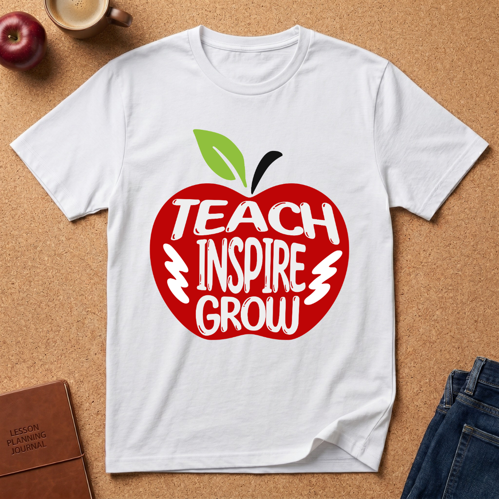 A white short-sleeve T-shirt laid flat on a cork background, featuring a large red apple graphic with the words 'TEACH INSPIRE GROW' in white and a green leaf at the top. Surrounding props include an apple, a coffee cup, a journal, and jeans.