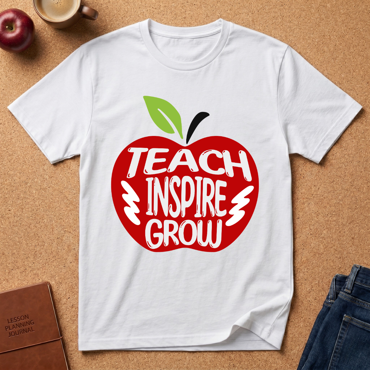 A white short-sleeve T-shirt laid flat on a cork background, featuring a large red apple graphic with the words 'TEACH INSPIRE GROW' in white and a green leaf at the top. Surrounding props include an apple, a coffee cup, a journal, and jeans.