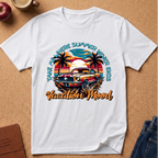 white shirt  graphic t-shirt laid flat on a cork background, featuring a retro sunset car design with palm trees and the text 'TAKE ME WHERE SUMMER NEVER ENDS Vacation 