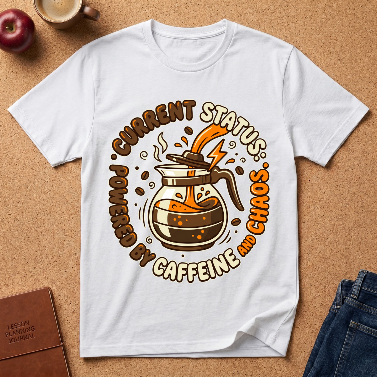 White graphic t-shirt says "Current Status, Powered by Caffeine and Chaos" with coffee-themed graphic and text on a brown surface with coffee and an apple.