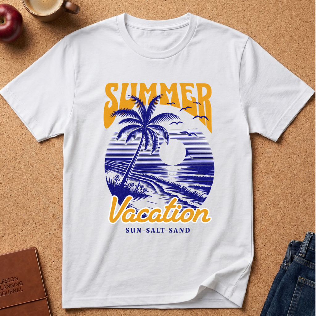 A white short-sleeve T-shirt laid flat on a cork board background, featuring a retro-style tropical beach graphic with the words “SUMMER Vacation” in yellow and blue, plus “SUN-SALT SAND” below. Styled flat-lay props include an apple, a coffee cup, a journal, and jeans around the shirt.