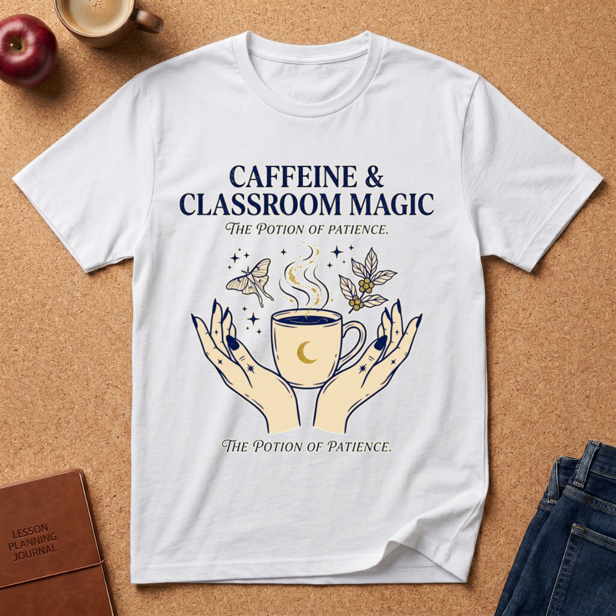 White t-shirt with 'Caffeine & Classroom Magic' design on a brown surface with a coffee cup, apple, and jeans.