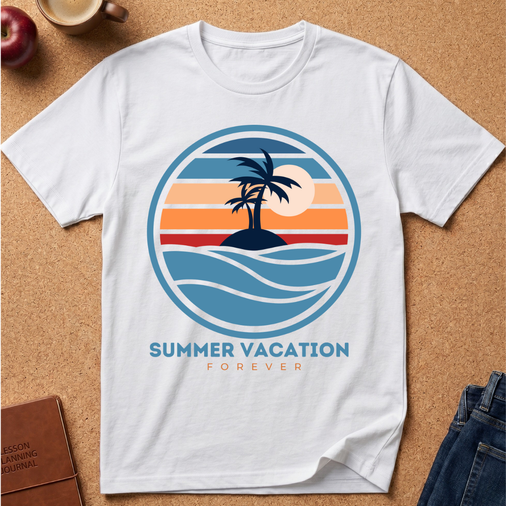 A white short-sleeve crewneck t-shirt laid flat on a cork background, featuring a retro circular graphic of a palm tree island at sunset with the text 'SUMMER VACATION FOREVER'.
