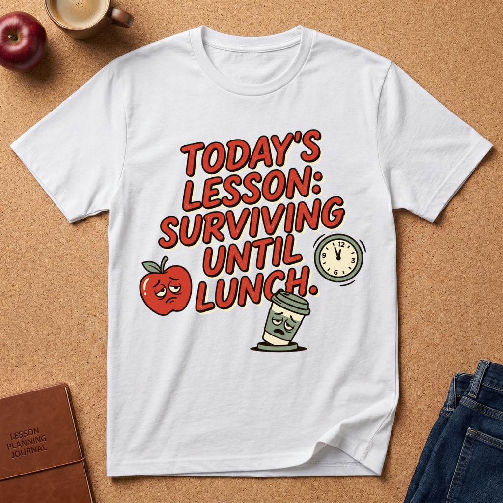 “Today’s Lesson: Surviving Until Lunch” Teacher T-Shirt — Cute School Humor Tee