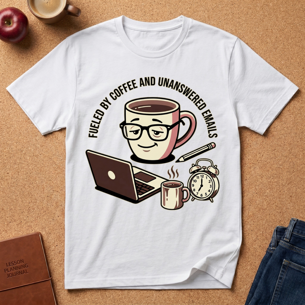 White Graphic t-shirt says 'Fueled by coffee an unanswered emails', with a coffee-themed graphic on a brown surface with accessories.
