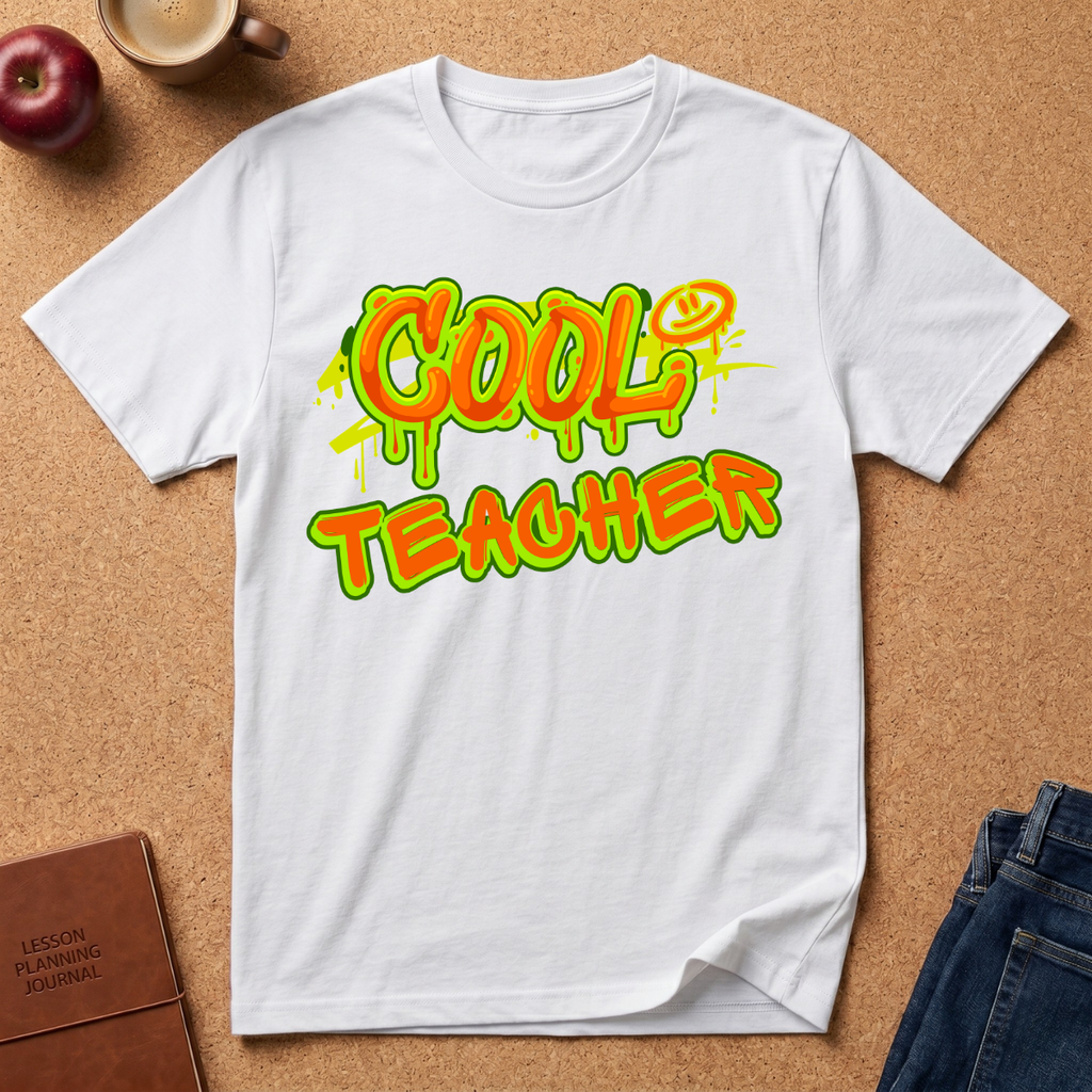 White t-shirt with 'COOL TEACHER' text on a brown surface with educational items.