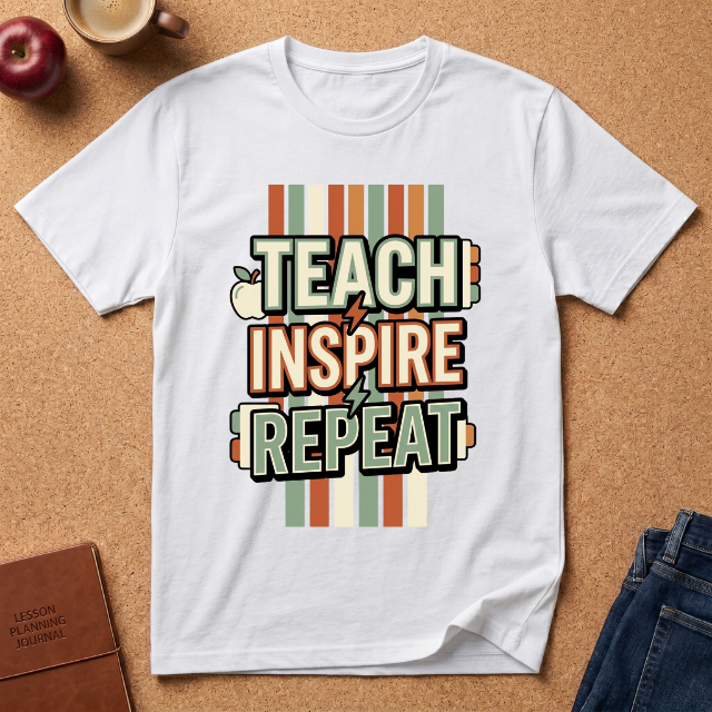 Teach Inspire Repeat T-Shirt — Retro Teacher Appreciation Tee